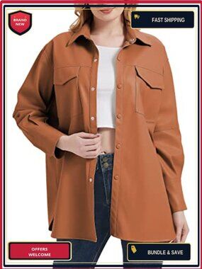 Women Faux Leather Shacket Jacket Pleather Relaxed Fit Button